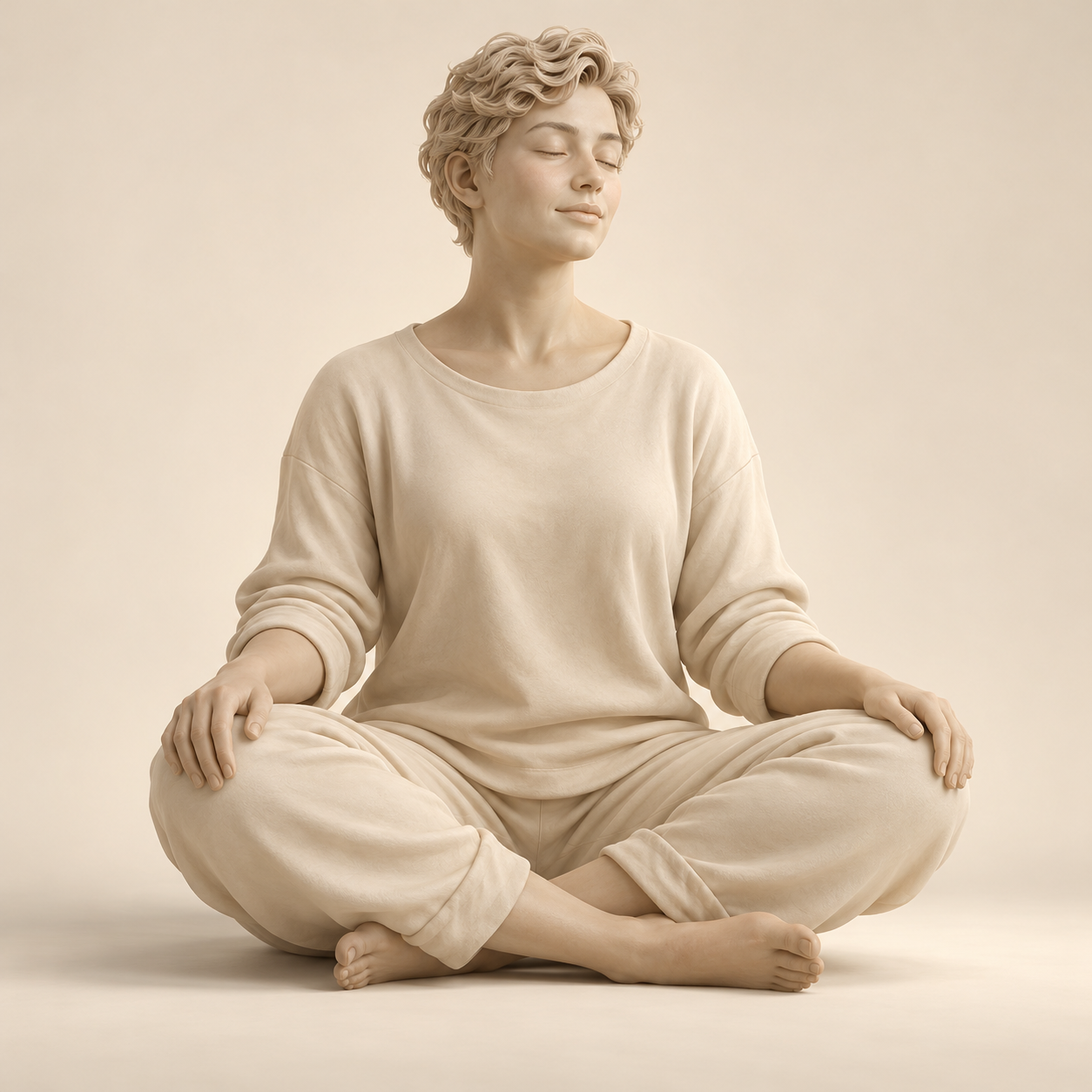 A detailed warm ivory sculpture of a seated person, with softly closed eyes, a gentle smile and naturally draped clothing.